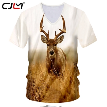 Męska koszulka z krótkim rękawem 3D wiosna/lato - głęboki dekolt w serek, druk z jeleniem - rozmiary Plus 5XL i 6XL