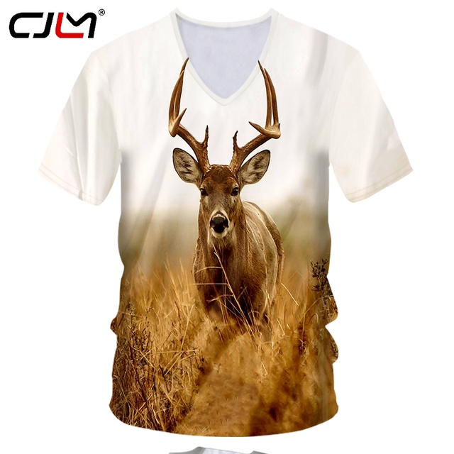 Męska koszulka z krótkim rękawem 3D wiosna/lato - głęboki dekolt w serek, druk z jeleniem - rozmiary Plus 5XL i 6XL - tanie ubrania i akcesoria