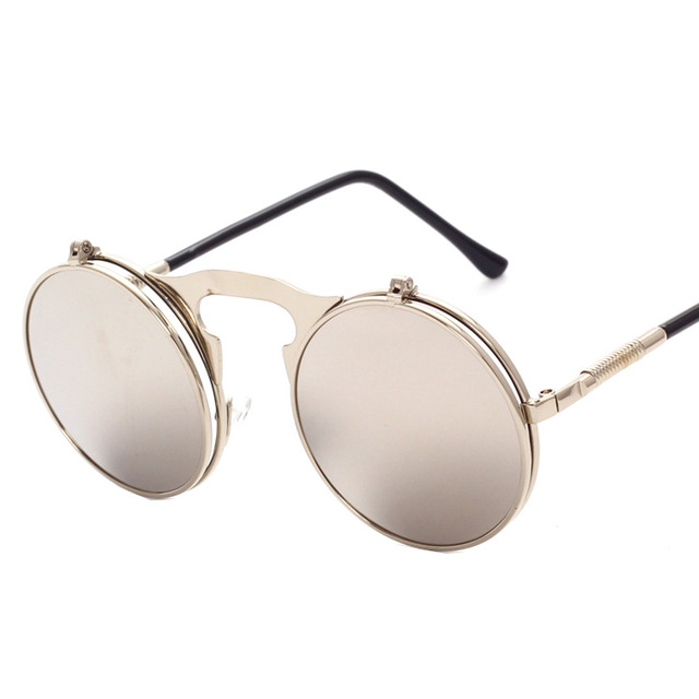 Retro Metal Steampunk - okulary przeciwsłoneczne męskie z podwójnymi soczewkami, okrągłe ramki, z klapką - tanie ubrania i akcesoria