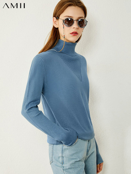 Sweter Amii w stylu minimalistycznym, z okrągłym golfem, idealny na zimę - jesienne bluzki damskie