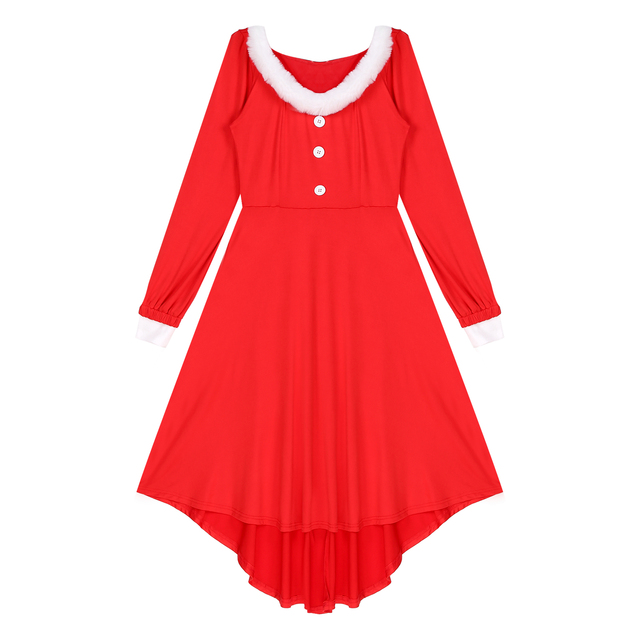 Czerwona sukienka na przyjęcie bożonarodzeniowe z futro, dłuższy rękaw, casual, z okrągłym dekoltem, świąteczny motyw santa dla kobiet - tanie ubrania i akcesoria