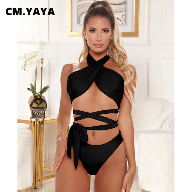 Zestaw bikini dla kobiet CM.YAYA - stałe, krzyżowe, bandażowe topy oraz spodenki o niskiej talii - 2 częściowy strój kąpielowy  - tanie ubrania i akcesoria