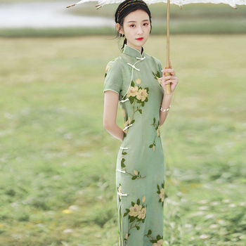 Nowa Sukienka Qipao dla Kobiet - Klasyczna, Elegancka, Zielona, Retro, Orientale, Lato 2021