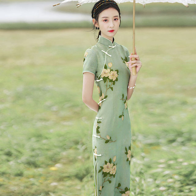 Nowa Sukienka Qipao dla Kobiet - Klasyczna, Elegancka, Zielona, Retro, Orientale, Lato 2021 - tanie ubrania i akcesoria