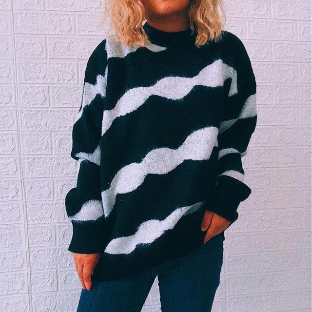 Elegancki sweter damski z długim rękawem w paski - Streetwear, jesień/zima X199 - tanie ubrania i akcesoria