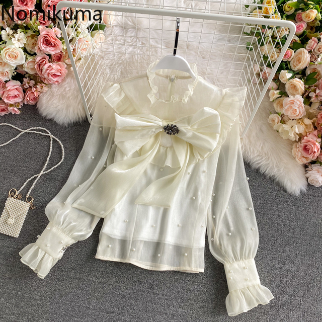 Szyfonowa koszula damska Korobov z długim rękawem i stójką, w nowej kolekcji 2021 z eleganckim wzorem kokardki i zdobieniami perłowymi - zwykła bluzka elegancka Blusas - tanie ubrania i akcesoria