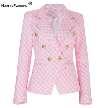 Nowa marynarka damska HarleyFashion zimowy żakiet w kratkę różowy tweed luksusowy gruby materiał ciepły