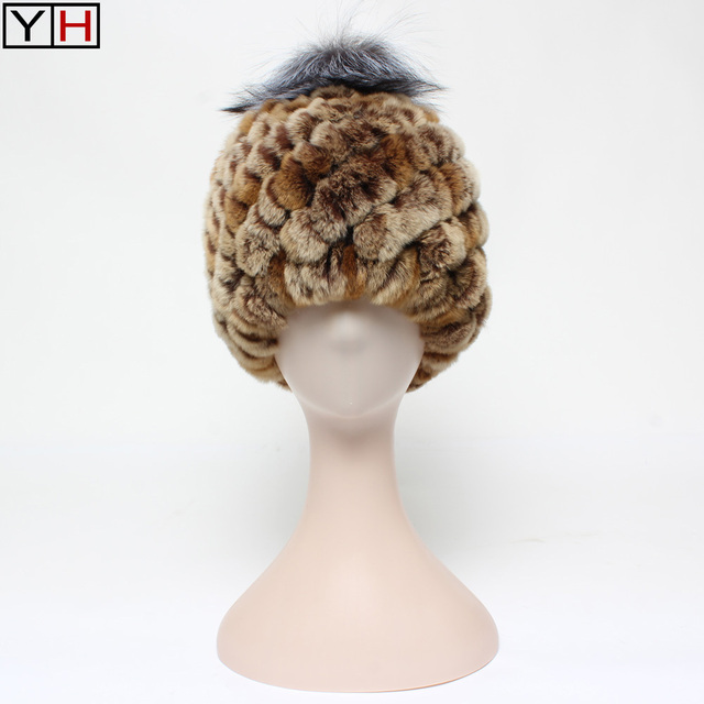 Zimowa czapka Rex z prawdziwym futrem królika – naturalne 100%, zimowe, ciepłe, moda, dzianina, futrzana kulka z Silver Fox - tanie ubrania i akcesoria