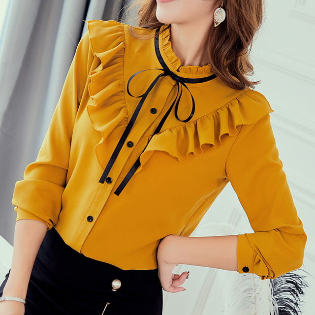 Jesienne wiosenne koreańskie damskie bluzki - modne slim topy na co dzień biurowe, szyfonowe bluzki w kolorze białym i żółtym - tanie ubrania i akcesoria