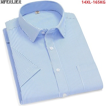 Elegancka letnia koszula w biurowe paski dla mężczyzn z krótkim rękawem - niebieska, duże rozmiary 6XL-11XL