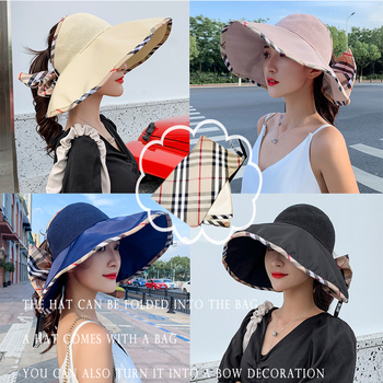 Nowy damski kapelusz na lato K121 - duży kapelusz UV typu Bucket z liny, Panama dla kobiet na plażę z kucykiem