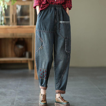 Kobiety jesienne dżinsowe spodnie Retro luźne w pasie hafty Vintage