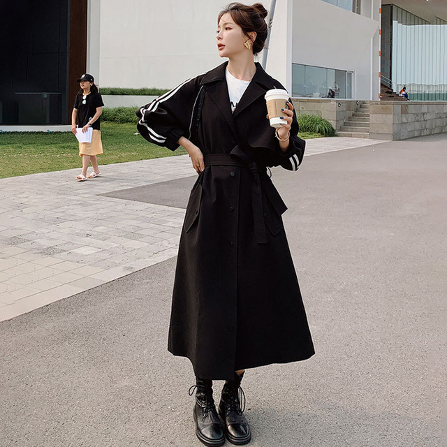 Trencz czarny damski wiosenno-jesienny z długim rękawem - luźna moda i wysoka jakość - tanie ubrania i akcesoria