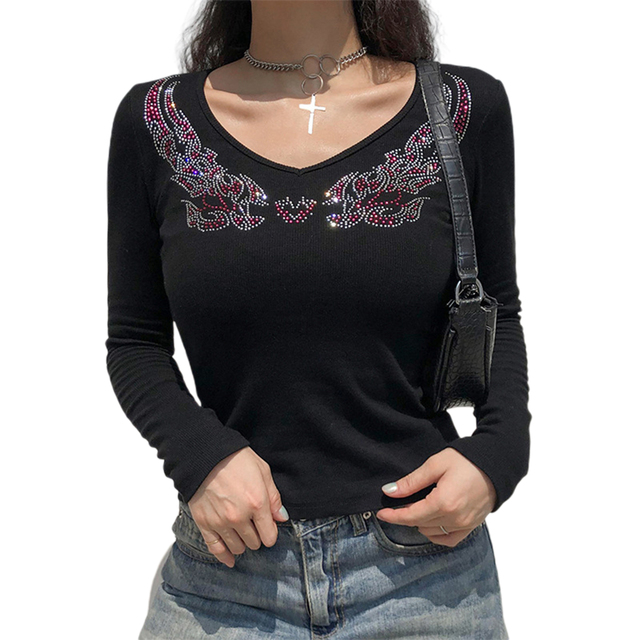 Koszulka damska IMCUTE Y2K z długim rękawem V Neck - tanie ubrania i akcesoria
