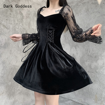 Czarna sukienka gothic lolita z bufkami i wysokim stanem - koronkowa, elegancka i seksowna