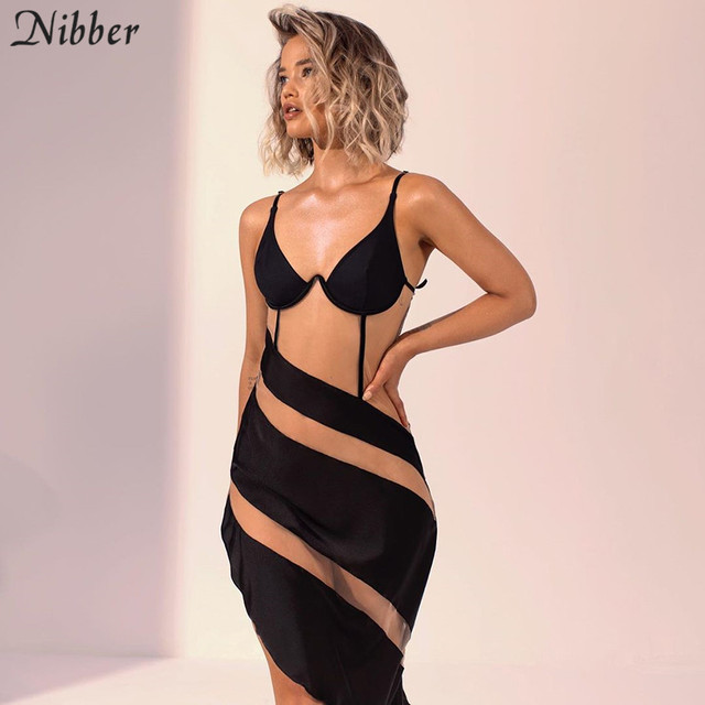 Sukienka Nibber Sexy Hot patchworkowa, z przezroczystą siatką i paseczkiem Spaghetti w rozmiarze Skinny dla kobiet 2020 Fashion Club Party - tanie ubrania i akcesoria