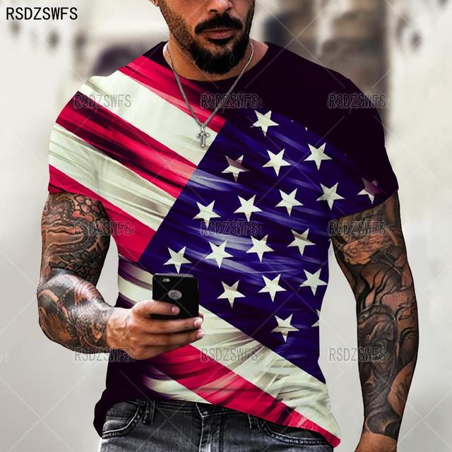 Męska koszulka z krótkim rękawem, motywem 3D flagi, luźna i oddychająca, w za dużym rozmiarze, do noszenia latem, o dekolcie typu O-Neck - tanie ubrania i akcesoria