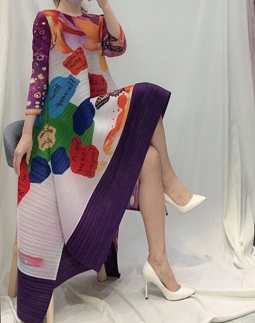 Midi sukienka Miyake 2021 - plisowana, luźna, elegancka, drukowane wzory odmładzające - rozmiar 18 (minus 45) - tanie ubrania i akcesoria