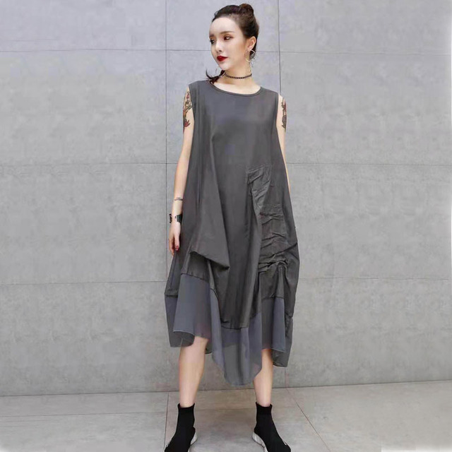 Damska sukienka Plus Size Patchwork O-Neck Fit odzież letnia 2019, bez rękawów, do kolan - tanie ubrania i akcesoria
