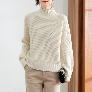 Damski sweter z golfem - zima 2020, gruba koreańska dzianina, długie rękawy, solidny wąski kołnierz, stylowy pulower