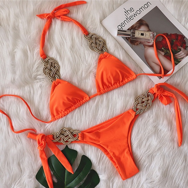 Zestaw bikini Patchwork Sexy Splot - pomarańczowy, krój wysoki, push-up, biustonosz w stylu vintage, stringi, plażowy strój kąpielowy - tanie ubrania i akcesoria
