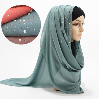 Luksusowy hidżab szyfonowy dla muzułmańskiej kobiety - perły, szalik i turban w jednym