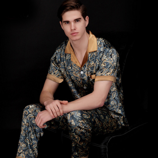 Męskie jedwabne zestawy piżamowe - letnie koszule nocne z krótkimi rękawami i spodnie do spania MY443 - tanie ubrania i akcesoria