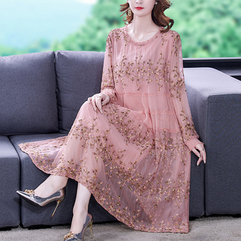 2021 Moda Różowa Jedwabna Midi Sukienka z Haftem Kwiatowym - Elegancka Sukienka na Co Dzień, Wiosna/Jesień