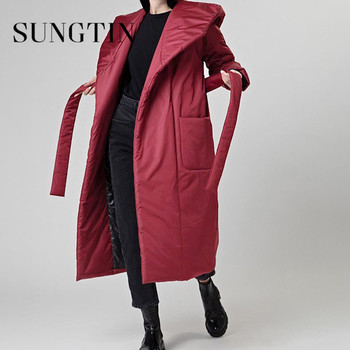 Długa zimowa kurtka damska Sungtin z szarfą - 2022, jednokolorowa, klasyczna