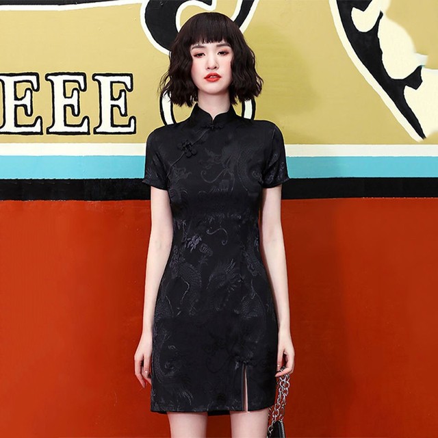 Qipao chińskiej sukienki vintage z czarnym nadrukiem smoka - tradycyjny styl, kobiecy Cheongdam, mini sukienka Silm Vestidos - tanie ubrania i akcesoria
