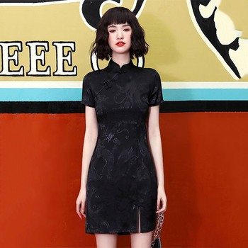 Qipao chińskiej sukienki vintage z czarnym nadrukiem smoka - tradycyjny styl, kobiecy Cheongdam, mini sukienka Silm Vestidos