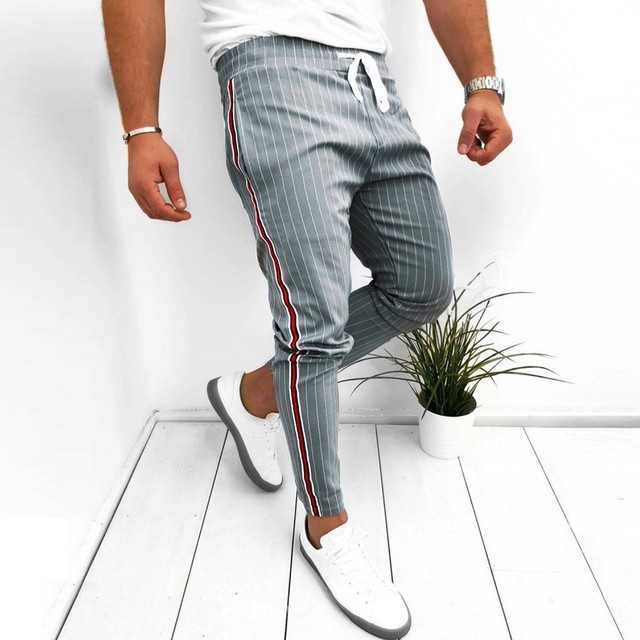 Męskie obcisłe spodnie sportowe i rekreacyjne w paski z elastycznym pasem w połowie talii - tanie ubrania i akcesoria
