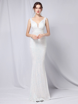 Suknia wieczorowa YIDINGZS z dekoltem V i cekinami - nowość 2021, biała, długa i elegancka