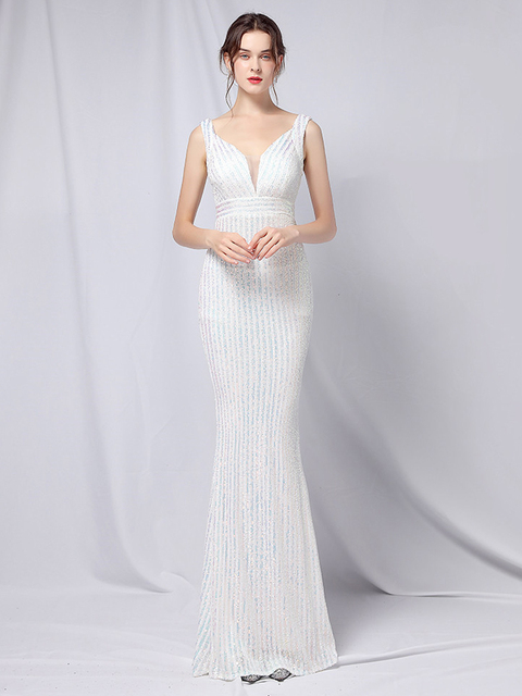 Suknia wieczorowa YIDINGZS z dekoltem V i cekinami - nowość 2021, biała, długa i elegancka - tanie ubrania i akcesoria