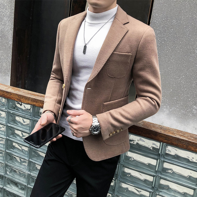 2020 Męska wełniana marynarka na jeden guzik - Casual, biznesowy płaszcz Streetwear - tanie ubrania i akcesoria