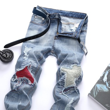 Męskie jeansy w paski z dużymi rozdarciami – slim fit, ołówkowy krój, rozciągliwa tkanina – duże rozmiary