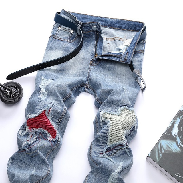 Męskie jeansy w paski z dużymi rozdarciami – slim fit, ołówkowy krój, rozciągliwa tkanina – duże rozmiary - tanie ubrania i akcesoria