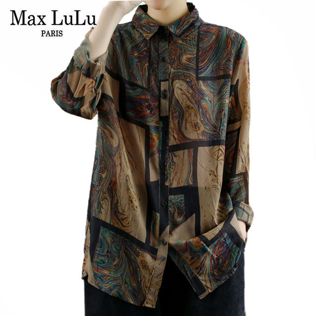 Max LuLu Wiosna: Nowe europejskie damskie bluzki szyfonowe z printem  w stylu vintage - patchworkowe  [rozmiary duże] - tanie ubrania i akcesoria