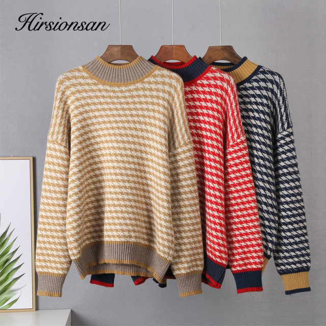 Damski sweter z kaszmirowej dzianiny Hirsionsan Houndstooth 2021 - luźny fason, idealny na zimę - tanie ubrania i akcesoria