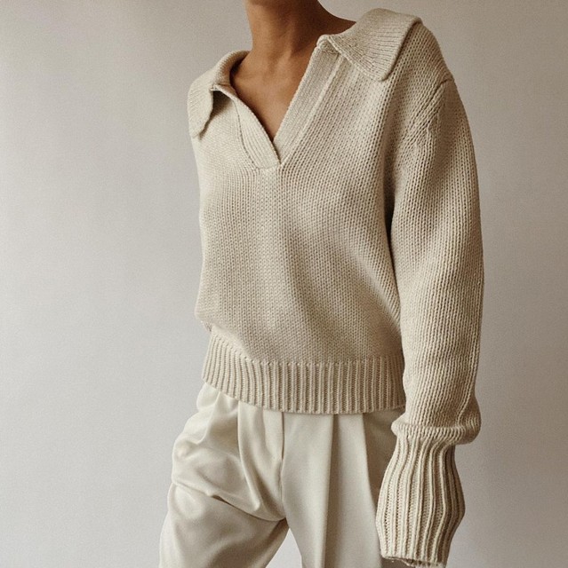Luźny sweter z kołnierzem polo, bawełniany, długie rękawy - jesień/zima 2021 - tanie ubrania i akcesoria