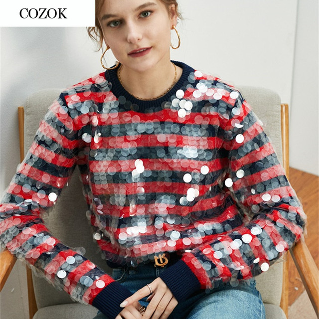 Luksusowy sweter w paski z cekinami - wysoka jakość, jesień/zima, pulower damski - tanie ubrania i akcesoria