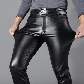 Lekkie, elastyczne męskie spodnie skórzane robocze na wiosnę z cienkiej sztucznej skóry Plus Size