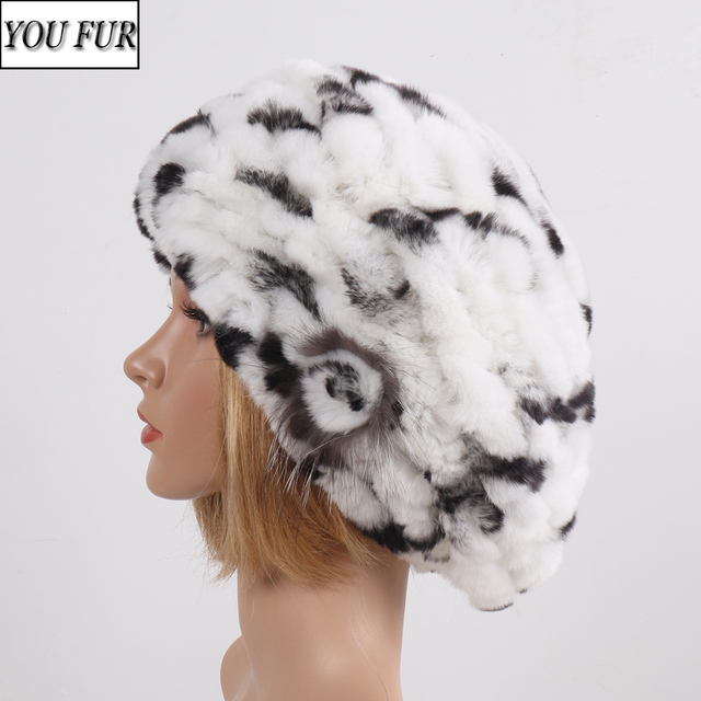 Damska zimowa czapka z prawdziwego futra królika Rex, super ciepła i miękka - tanie ubrania i akcesoria