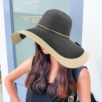 Duża, słomkowa czapka Panama dla kobiet HT3547 - kapelusz plażowy, anty-UV, w stylu patchwork, składany, szeroki rondo