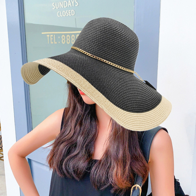 Duża, słomkowa czapka Panama dla kobiet HT3547 - kapelusz plażowy, anty-UV, w stylu patchwork, składany, szeroki rondo - tanie ubrania i akcesoria