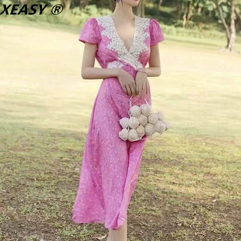 Kobieca sukienka w stylu vintage XEASY 2021 z krótkim rękawem, haftowana koronką i dekoltem w serek