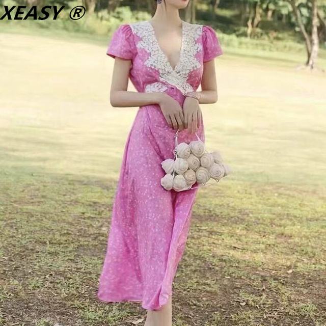 Kobieca sukienka w stylu vintage XEASY 2021 z krótkim rękawem, haftowana koronką i dekoltem w serek - tanie ubrania i akcesoria