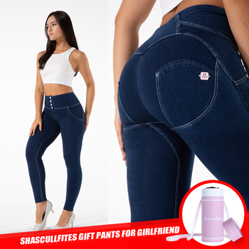 Dżinsy damskie Shascullfites Butt Lift na wysoki wzrost ze streczem elastyczne legginsy w kolorze jean z przyciskami na podkreślenie kształtów