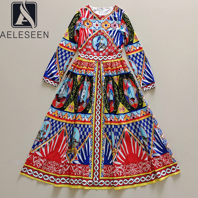 Wysokiej jakości sycylijska sukienka AELESEEN z długim rękawem i printem kwiatowym - modna przykładająca się do Runway długa sukienka z frezowaniem kryształowym - tanie ubrania i akcesoria