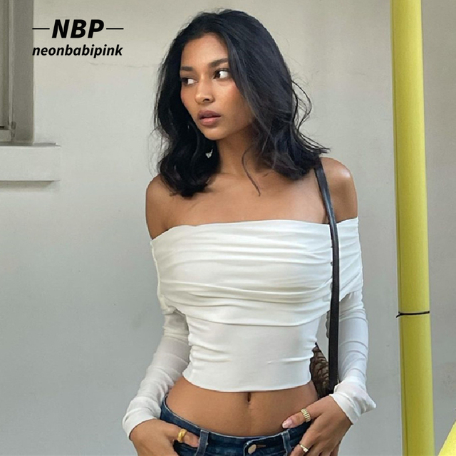 Bluzka damskie NEONBABIPINK Sexy Off Shoulder z długim rękawem, krótki fason, klasyczny biały, modna jesień 2021 N33-BZ13 - tanie ubrania i akcesoria